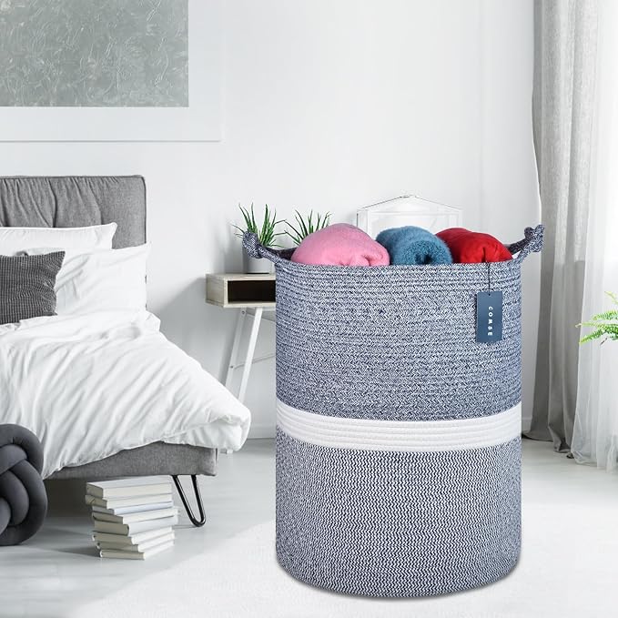 COMSE Tall Woven Blanket & Laundry Basket, 72L, Blend Navy Blue & White | 15.7”x 21.7”, Cotton Rope, Large Nursery Hamper for Storage of Toys Clothes Towels, Great for Living Rooms Bedrooms Bathrooms