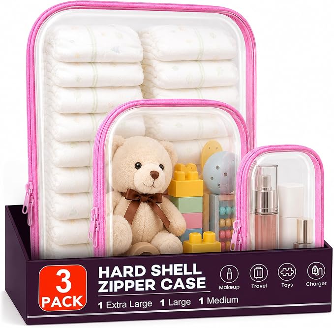 3 Pack Clear Hard Shell Zipper Case (1XL + 1L + 1M, Pink) | Travel Toiletry Bag, Waterproof 1.2mm PET Hard Plastic Pouches, Organizer Box for Makeup, Toy, Snack, Stationery, Diaper