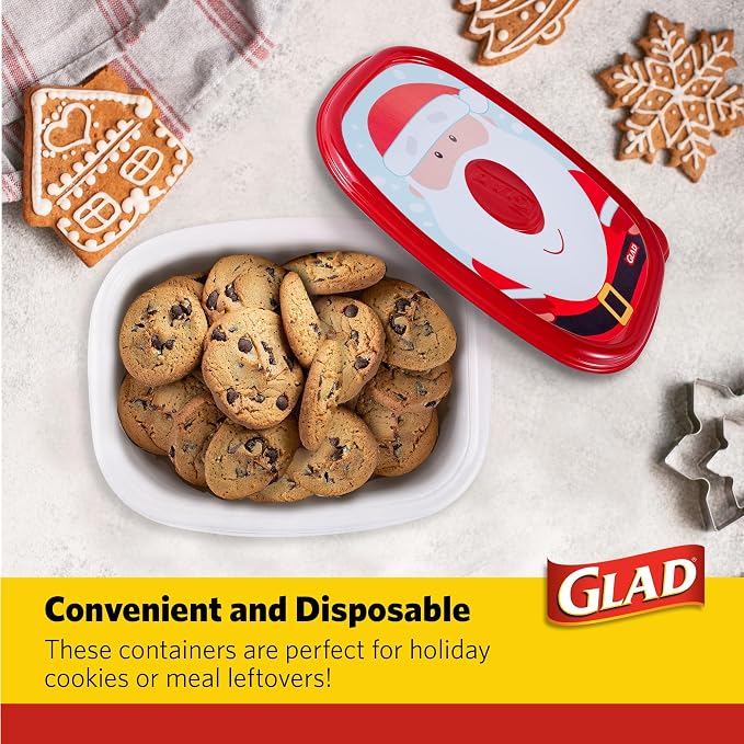 Glad GladWare Holiday Food Storage Containers, Large Rectangle, 48 Oz, 3 Ct | BPA-free plastic, reversible gift tags included, microwave, freezer, and dishwasher safe, 64 oz, gifting