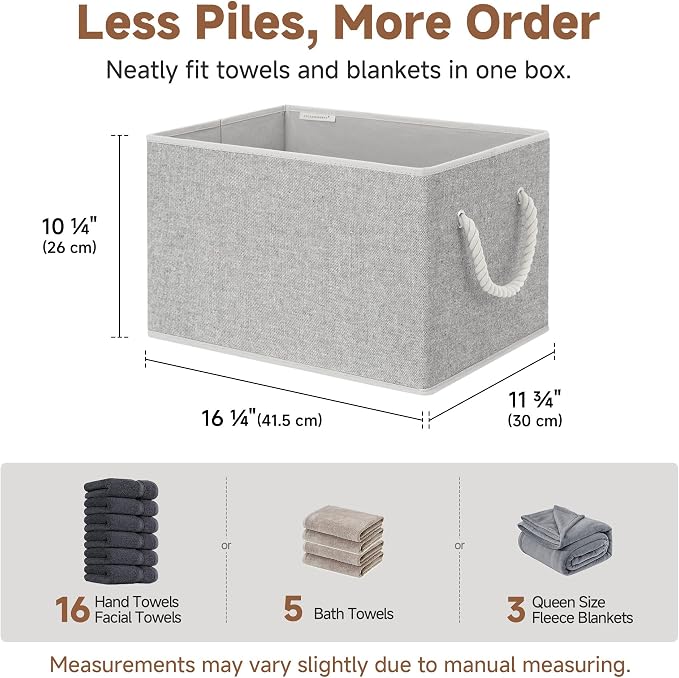 StorageWorks Storage Bins with Rope Handles, Gray, Extra Large, 3-Pack | Fabric Storage Bins for Shelves, Storage Baskets for Closet Organization, Organizer Bins for Clothes Storage