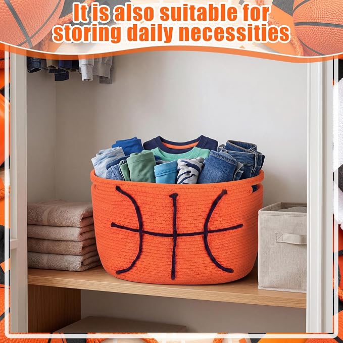 RattanView Basketball Cotton Rope Basket, Brown Woven Storage with White Stitch Pattern, 15 x 9 x 10 in, Empty Basketball Gift Organizer for Books, Room and Sports Decor