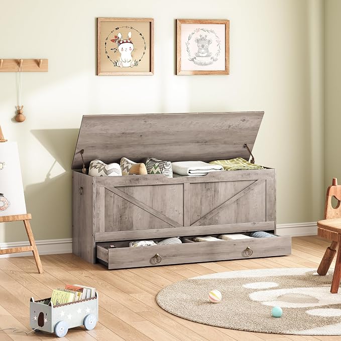 HOOBRO Storage Chest, 43.3" Toy Chest with Drawer, Wooden Storage Bench, Sturdy Entryway Bench Supports 220 lb, Shoe Bench, Safety Hinge, U-Shaped Opening, Easy Assembly, Greige BG711CW01G2