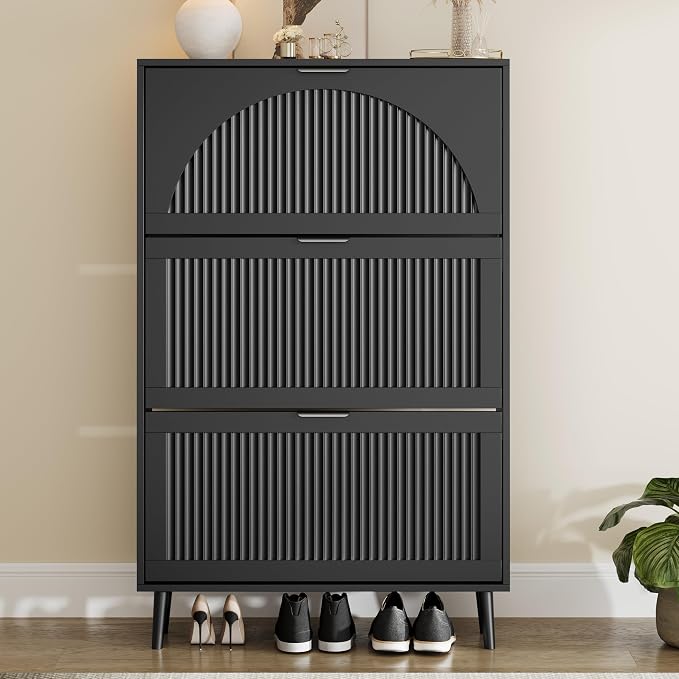 Shoe Storage Cabinet with 3 Flip Drawers, Narrow Wood Shoe Organizer Cabinet with Fluted Panel, Slim Shoe Rack for Entryway, Freestanding Shoe Cabinet for Living Room, Hallway, Black