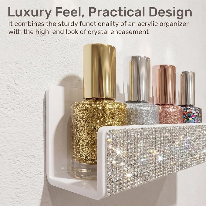 Nail Polish Wall Shelf - 15-Inch Diamond Crystal Display & Organizer Rack, Holds 60+ Polishes, Soft Ledge for Bedroom, Bathroom, Salon,6 Pack