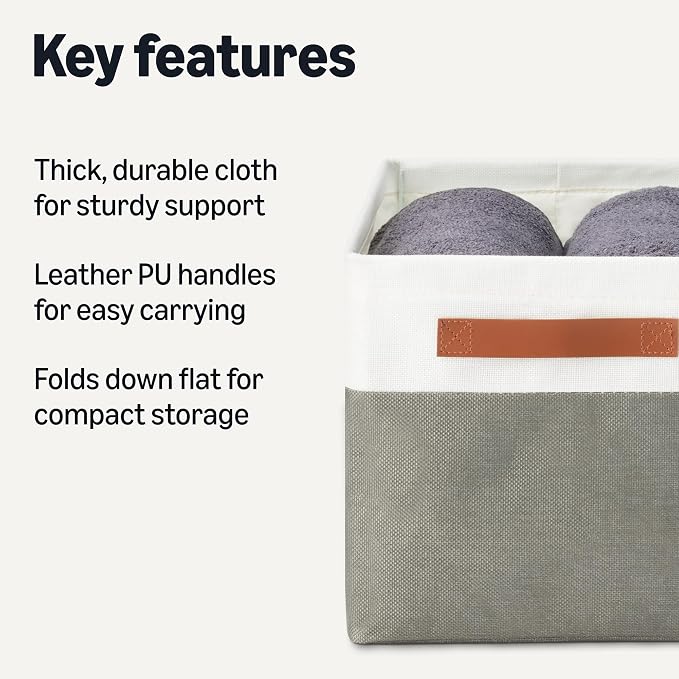 Amazon Basics Collapsible Storage Bins with Faux Leather Handles, Foldable Organizing Containers for Closet, Charcoal, Large, 3-Pack