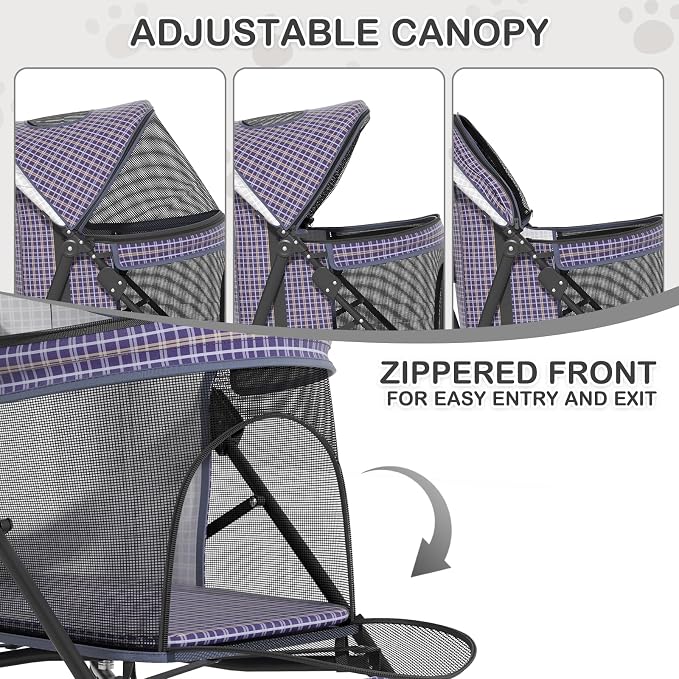 MoNiBloom Pet Stroller for Small/Medium Dogs and Cats up to 22 lbs, Plaid | Foladble 4 Wheels Easy-Fold Puppy Cage Jogger Stroller with Sun Cover, Pad and Rear Storage Bag, Breathable and Visible Mesh