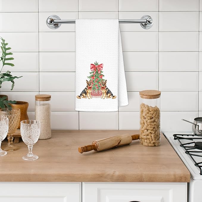 Red Chinoiserie Christmas German Shepherd Kitchen Towels, German Shepherd Gifts Dish Tea Towels for Kitchen Decor, Grandmillennial Bow Xmas Tree Dog Hand Towel for Bathroom Decor, 16x24 Inch