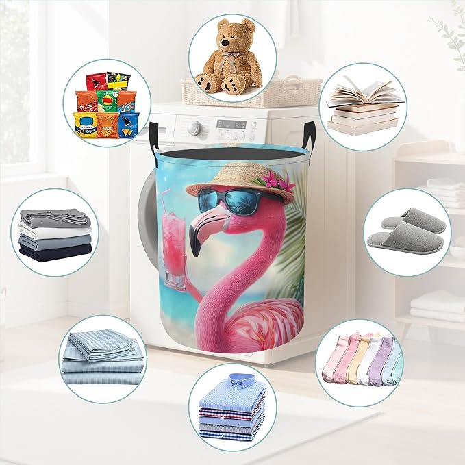 Flamingo Juice Beach Laundry Basket With Handles Tote Bag Oxford Cloth Funny Laundry Hamper Clothes Storage Bucket Toy Organizer 16" X 20.8"For Bathroom/Laundry/Bedroom