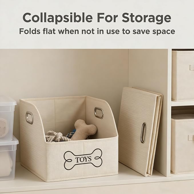 Foldable Dog Toy Basket-Dog Toys Bin-Dog Toy box-Storage Basket with Handle,Organizer Bin for Pet Toys, Blanket, Shelves, Closet-Beige