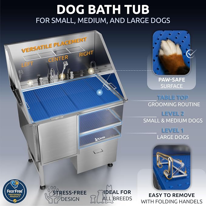 Professional Dog Washing Station 304 Stainless Steel Pet Wash Sink | Grooming Bathtub w/Shower, Floor Grates and Storage for Large, Medium & Small Pets