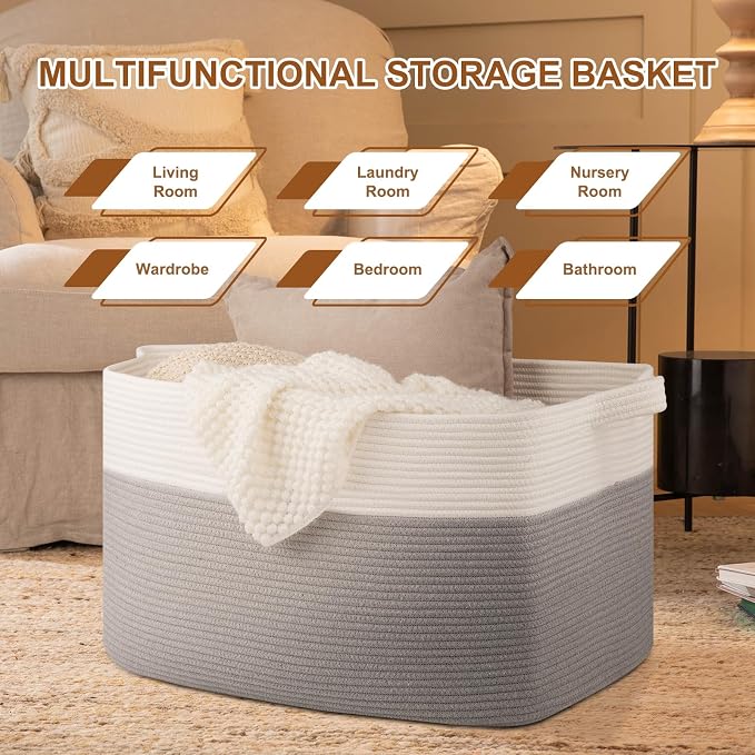 Extra Large Laundry Basket, 95L Blanket Basket for Living Room, Cotton Rope Toy Storage for Kids, Woven Baskets for Clothes, Towels, Pillows, 24" x 17" x 14", Grey and White