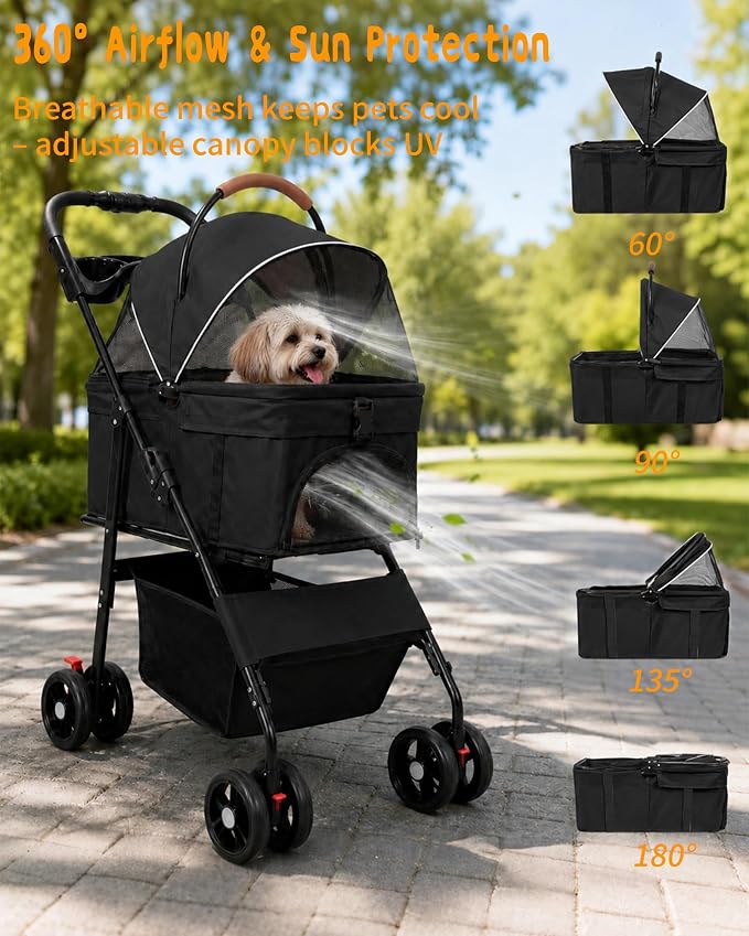 Pet Stroller, 3 in1 Foldable Dog Cat Stroller with Detachable Carrier-Black | 35lbs Lightweight Foldable Dog Stroller, All-Terrain 4 Wheels, Compact Travel Pet Stroller for Small to Medium Pets
