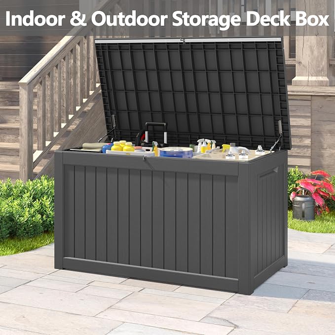 280 Gallon Outdoor Storage Box, Resin Deck Boxes Indoor and outdoor, Waterproof Storage Box Lockable Lid for Garden Tools, Package Delivery, Patio Cushions, Black
