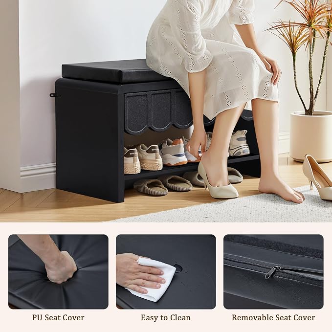 ORRD Shoe Storage Bench with Cushion, Shoe Rack Organizer Cabinet Bench with Wave Panel Drawer and Open Shelf for Entryway, Hallway, Living Room (Black)