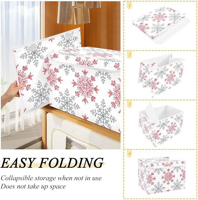 senya Christmas Baskets Collapsible Storage Bins with Lids, Snowflakes Red Gray Storage Boxes Clothes Baskets for Organizing