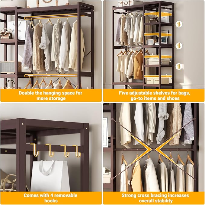 Bamboo Closet System Set of 2, 41.4” Wide Clothing Rack Espresso | Freestanding Clothes Rack with 14 Adjustable Shelves, 4 Rods, 8 Hooks, Open Wardrobe Organizer, Wood Garment Rack for Bedroom