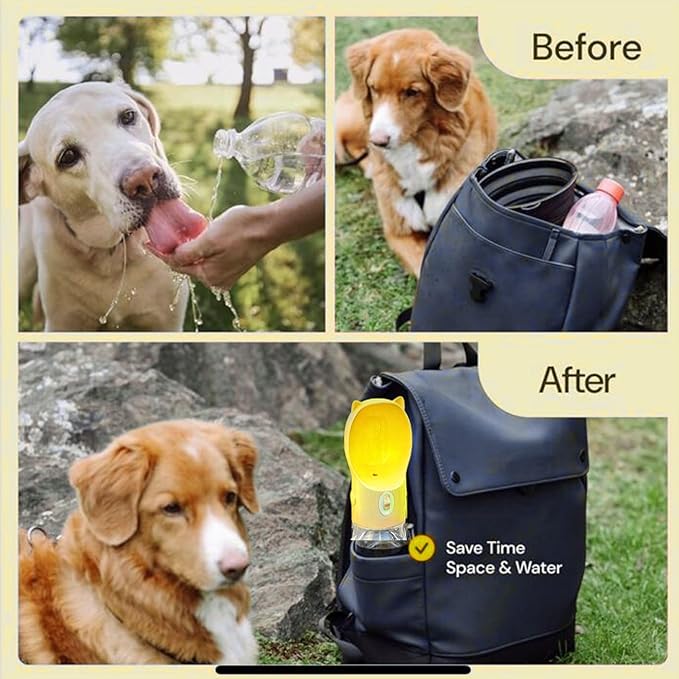 Dog Water Bottle Dispenser 380ml – Leak-Proof Lock, One-Hand Operation | Portable Pet Travel Water Bottle with Built-in Bowl | Purple