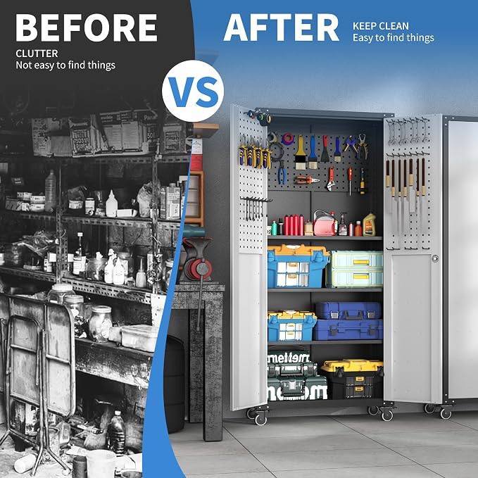 Metal Storage Cabinet for Garage, Tool Cabinet, Utility Cabinet | with Wheels, Tall Tool Cabinet, Lockable, 2 Doors, Adjustable Shelves, Pegboard, Assembly Required, Black & Grey