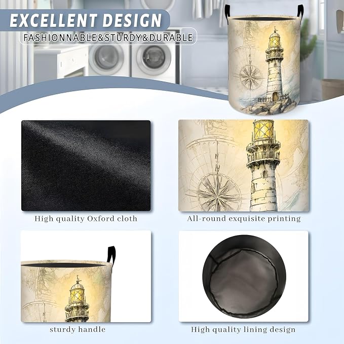 Lighthouse Laundry Basket, Coastal Ocean Compass Map Storage Hamper, Round Collapsible Waterproof Cloth Bin, 19.7x15.7 Inch Rustic Watercolor Clothes Organizer Gifts for Bathroom Decor