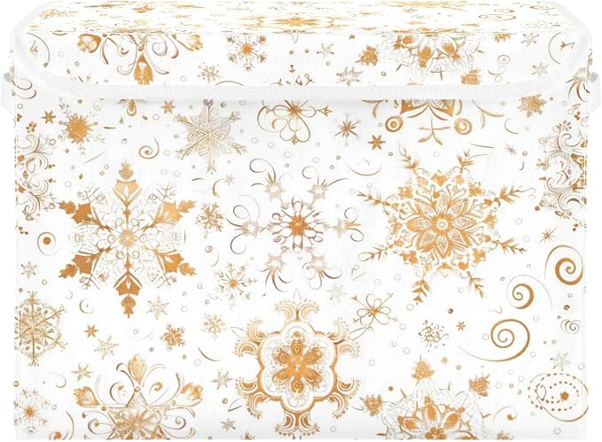 senya Christmas Baskets Collapsible Storage Bins with Lids, Seamless Gold White Snowflakes Storage Boxes Clothes Baskets for Organizing
