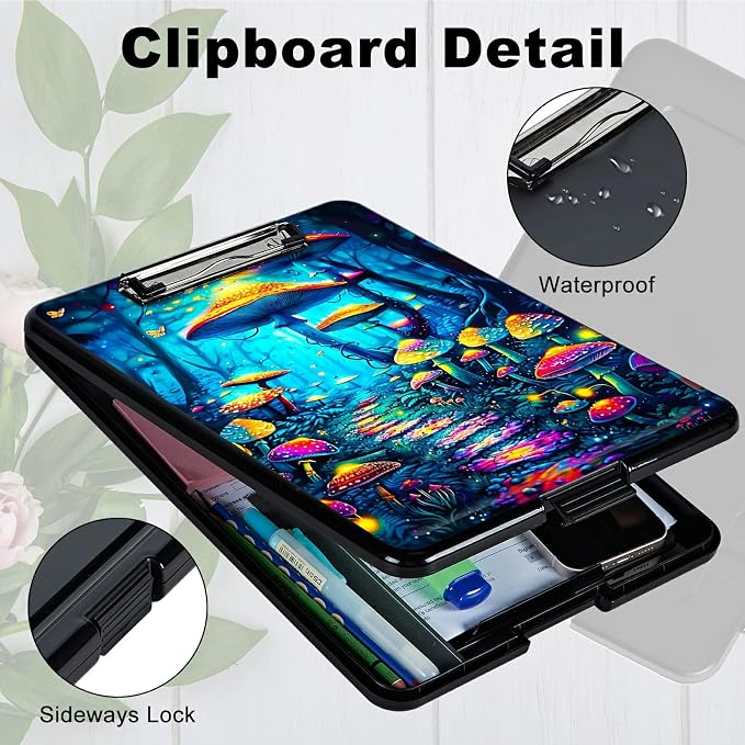 Blue Forest Mushroom A4 Clipboard with Storage Pen Holder, Clipboards Organizer Nursing Clipboard Foldable File Folder Plastic Clipboard Folio Clip Board for Office Students Classroom