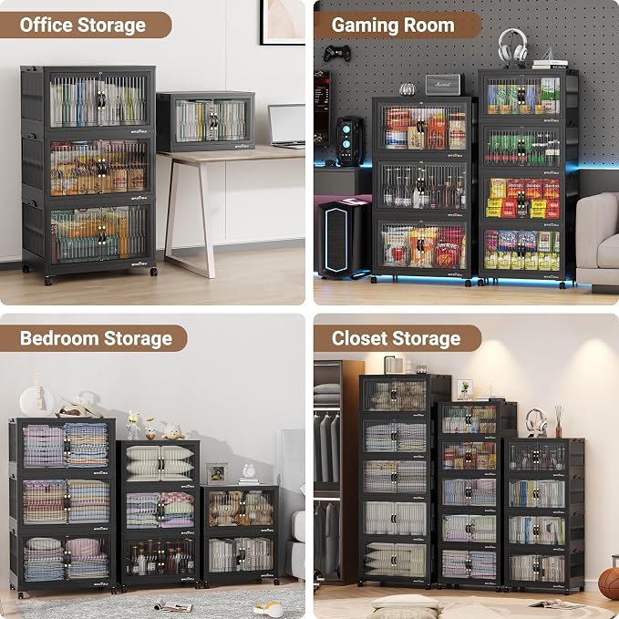BROVIEW 240Qt Stackable Storage Bins with Lid for Home Dorm, 3Pack Black | Closet Organizers, Foldable & Collapsible Cabinets, Large Containers, Wheels & Magnetic Doors, Plastic Drawers for School