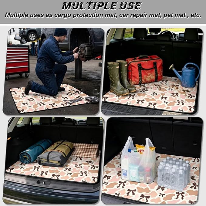 Howilath All Weather Pink Cow Print Bow Car Trunk Liner Cargo Liner Premium Polyester Non-Slip Trunk Mat for SUV Sedan Vehicle Interior Accessories