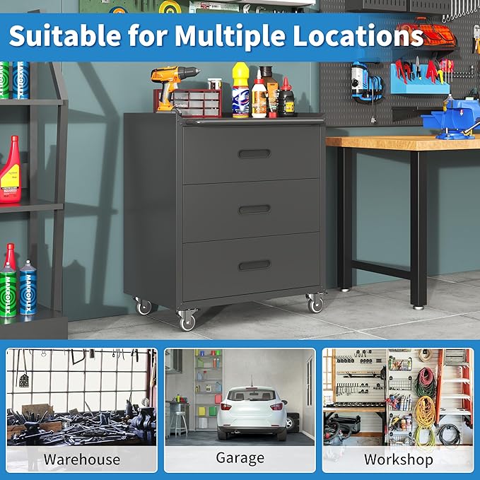 Mobile Garage Tool Storage Cabinet with 3 Drawers,Black Rolling Cabinet | Heavy Duty Metal Storage Cabinets for Garage Basement Workshop,Assembly Required