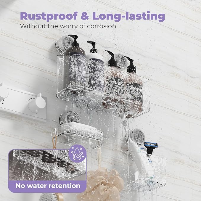Shower Caddy Suction Cup, 3 Piece Set Organizer with Soap Dish, No Drilling Shelf for Inside Shower, Reusable for Bathroom Kitchen Living Room, Clear