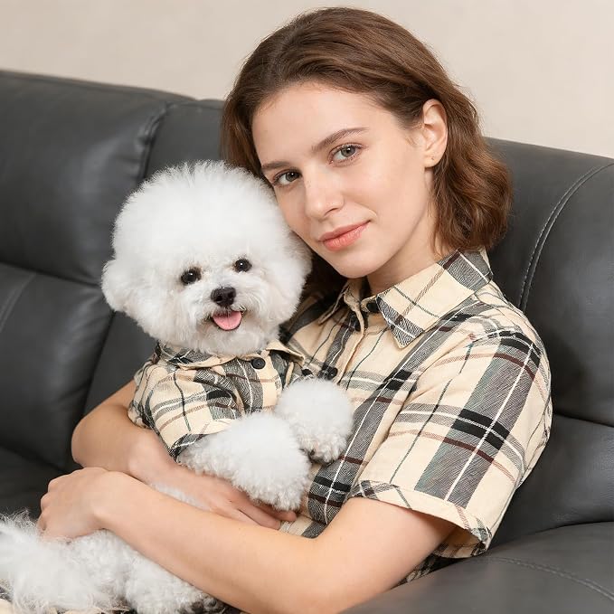 PUPTECK Classic Plaid Dog Shirt, Puppy Polo T-Shirt Clothes, Beige S | Soft Cotton Button Up Dog Clothes for Small Medium Dogs Boy Girl, Fashion Pet Tee, Chic Casual Pet Outfit Apparel