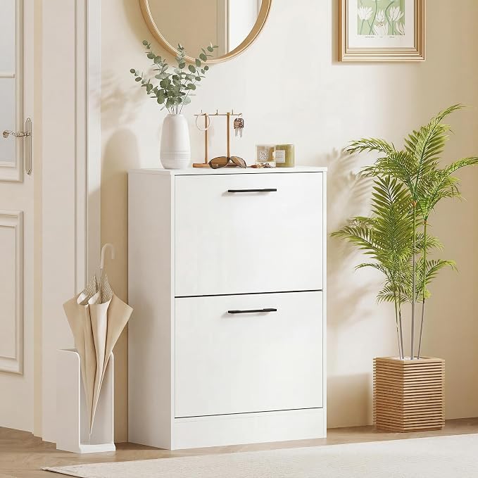 HOMCOM Shoe Cabinet with 2 Flip Drawers, up to 12 Pairs, White | Narrow Storage Cabinet, Adjustable Dividers, Entryway Shoe Storage Unit, for Hallway