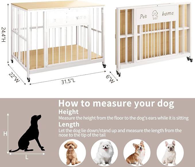 31.5" Foldable Dog Crate Furniture for Small Medium Dogs | Wooden Construction, RGB Ceiling Lights, Silent Casters, Natural Wood Tabletop, Multi-Purpose End Table TV Stand