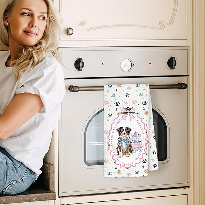 Blue Chinoiserie Australian Shepherd Dog Kitchen Towels, Aussie Dog Gifts Dish Tea Towels for Kitchen Decor, Coquette Pink Bow Aussie Hand Towel for Bathroom Decor, 16x24 Inch