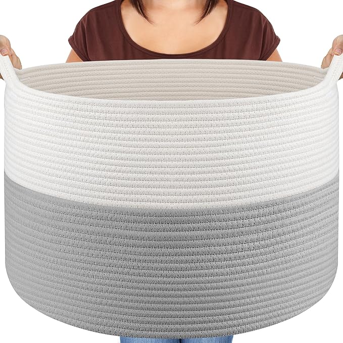 XXXLarge Blanket Basket Living Room - 22" x 22" x 14" Cotton Rope Baskets for Storage - Large Woven Basket for Toys, Towels, Pillows, Clothes- Rope Laundry Basket with Handles - Nursery Hamper Bin