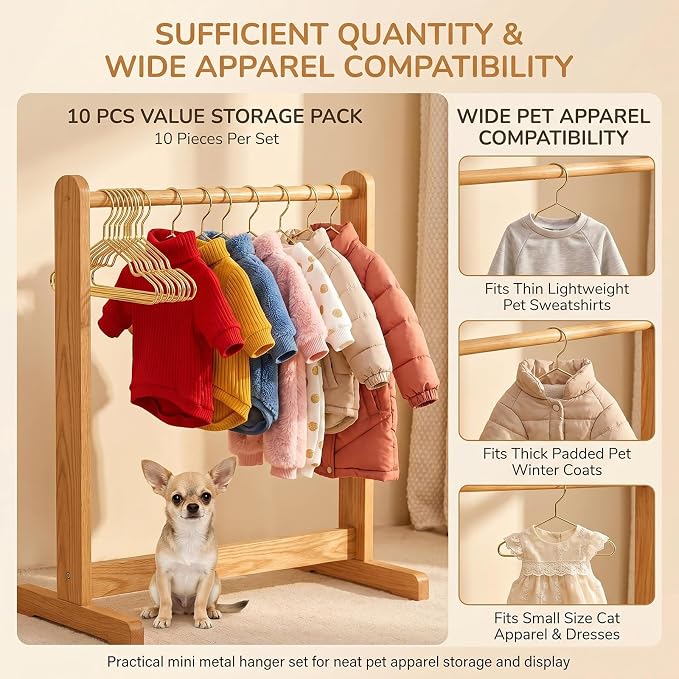 10 Pcs 7.9" Gold Metal Pet Clothes Hangers for Small Dog Cat Closet | Mini Gold Pet Hangers with Glossy Finish; Non-Slip Notches for Clothes Holding; Snag-Free Edges; Ideal for Pet Closet Decor