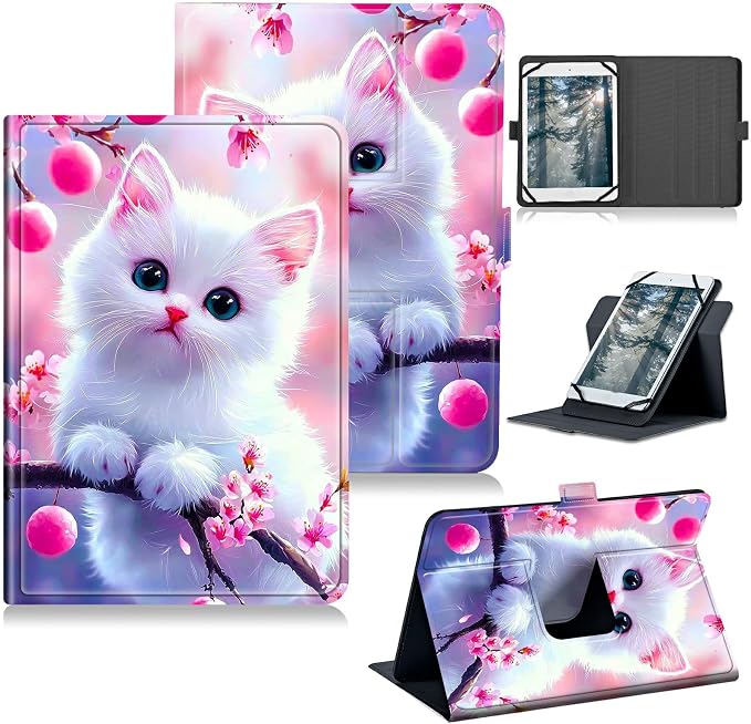 Universal Tablet Case for T-Mobile Revvl Tab 2 10.1" 2025/Revvl Tab 5G 10.36" 2023, 360 Degree Rotating Kickstand Protective Stand PU Leather Shell Cover for 9"-10.5", Flower White Cat