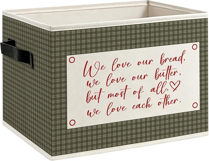 Butter Lover Gifts Foldable Storage Bins Box with Handles, Bread Gifts for Bakers, Olive Green Gingham Cottagecore Decorative Storage Boxes Baskets Organizer for Kitchen Bakery Dining Room