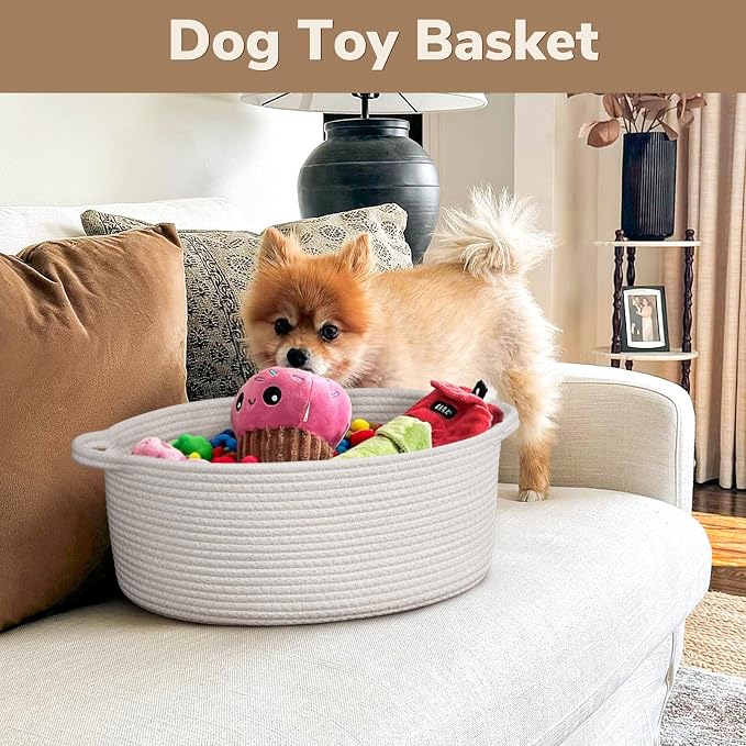 Goodpick Medium Woven Rope Gift Basket Empty, 13.6"x 10"x 6", White | Storage Basket with Handles for Baby Shower & Toys, Fits Living Room Bathroom Organizer, Versatile Dog Toy Storage Bin