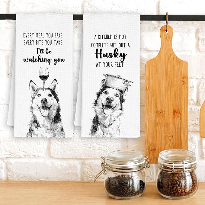 Funny Dog Husky Kitchen Towels Set of 2, Cute Dish Towel Gifts for Dog Lovers Mom Christmas, Every Meal You Bake Hand Towels Decor for Bathroom, Rustic Tea Bar Towel for Dining Room 16x24in
