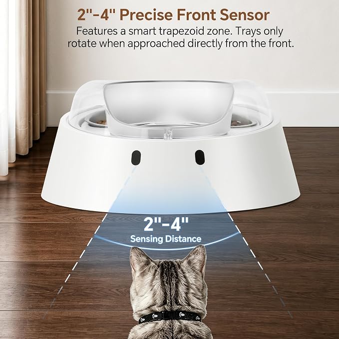 RFID Microchip Cat Feeder, 1 Tag Opens 2 Hidden Bowls, Anti-Theft | 3 removable stainless bowls (2 protected + 1 open), quiet rotating access, 2-4 in tag range, cordless 10 days or plug-in