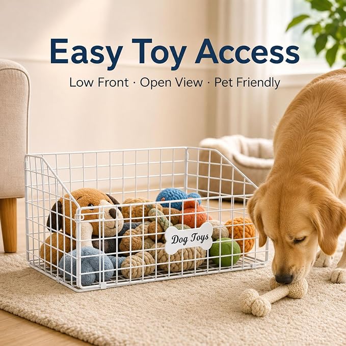 Geyecete Toy Box for Dogs Large Dog Toy Organizer Pet Wire Folding Basket Dog Toy Container Dog Toy Box-Chew-Proof Dog Food Toy Storage-White