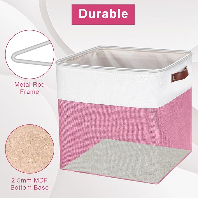 Bagnizer 13x13 Cube Storage Bins, Collapsible Fabric Storage Box, 4 Pack Closet Baskets with Handles for Organizing, Shelf, Toys, Clothes, Home, Office, Nursery (Pink&White)