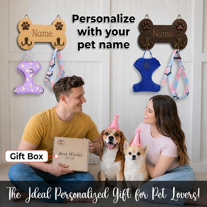 Personalized Dog Bone Leash Holder for Wall Mount, Custom Wooden Bone Leash Hook with Name, Pet Collar and Harness Organizer for Entryway, Key Hook Gift for Pet Lovers & Dog Owners, Home Wall Décor