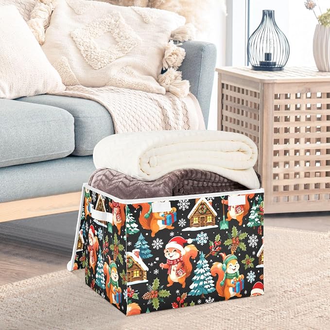 Storage Bins with Lid Christmas Squirrel Foldable Storage Boxes 40L Baskets | Decorative Storage Boxes, 300D Oxford Cloth, Hollow Board Frame, Flip Top Velcro Lid, 16.5x12.6x11.8 inch, Collapsible Design