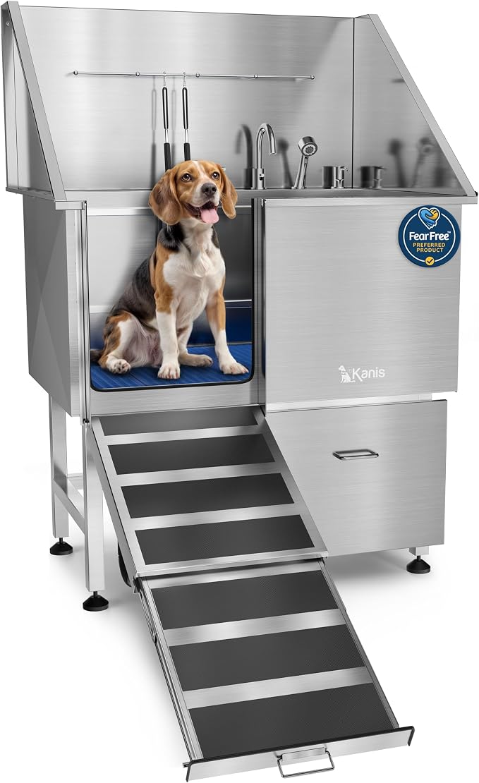 Professional Dog Washing Station 304 Stainless Steel Pet Wash Sink | Grooming Bathtub w/Shower, Floor Grates and Storage for Large, Medium & Small Pets