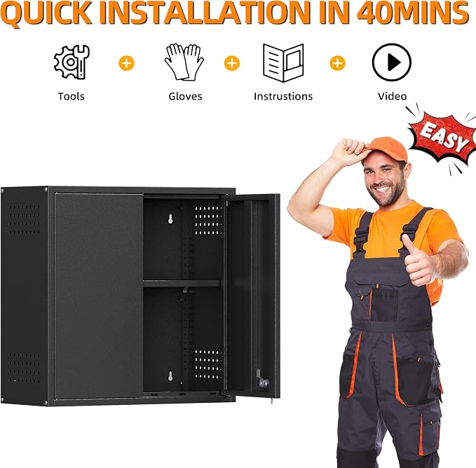 Garage Wall Cabinet with 2 Doors, Metal Wall Cabinet with Lock | 26''H Wall Mounted Cabinet, Lockable Floating Tool Cabinet, Steel Storage Cabinet for Kitchen,Office,Garage,Laundry,Warehouse