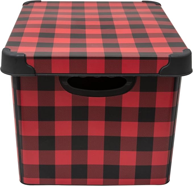 Simplify Checkered Design Storage Bin | Christmas Tote | Holiday Décor Decorations Organizer | Buffalo Plaid Design | Lidded | Stackable | Black and Red