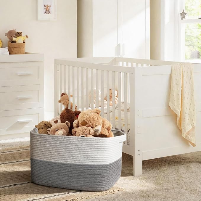MEGASKET Extra Large Laundry Basket, Rectangle Woven Cotton Rope Storage Basket with Handles, Wicker Laundry Hamper, Farmhouse Storage Bin for Blankets Clothes Toys, Grey, 22" x 17" x 12"