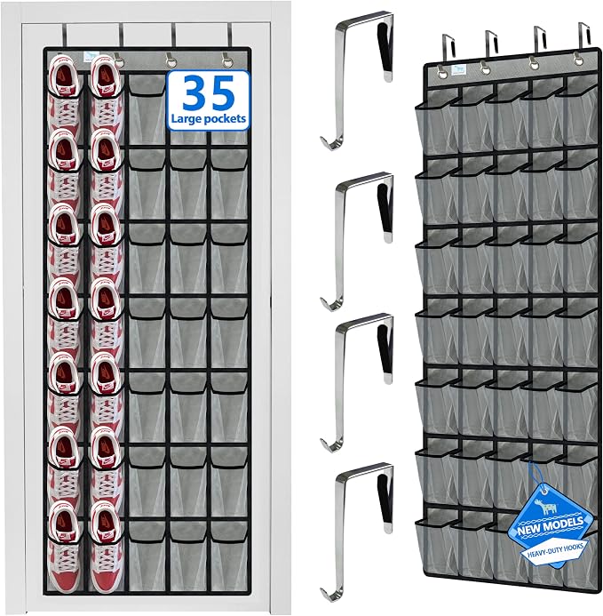 over the door shoe organizer,upgraded,over door shoe organizer,35 Huge clear pockets,over door shoe organizer,Store size 13 shoes,hooks Suitable for various doors,Grey