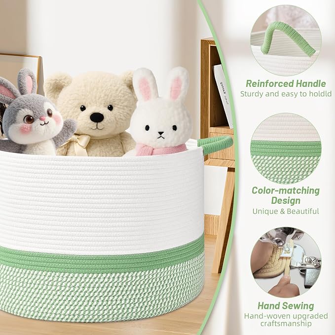 67L Large Blanket Basket, 20"x13" Blanket Basket Living Room, Woven Baskets With Handle, Toy Baskets for Blankets, Nursery, Dog, Pillow, Gift (White & Green)